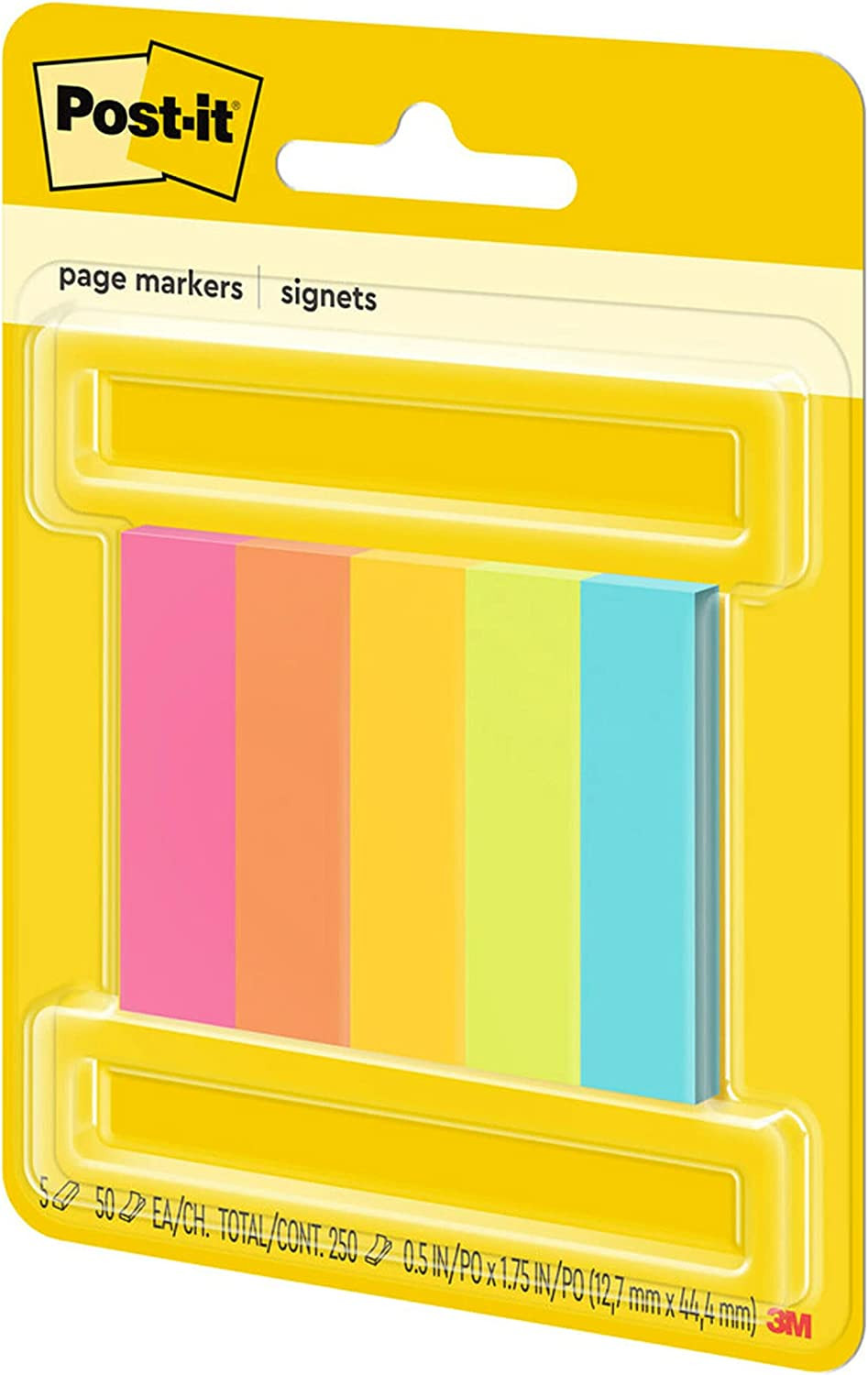Post-It Page Markers, Assorted Colors, 1/2 in X 2 In, 50 Sheets/Pad, 5 Pads/Pack