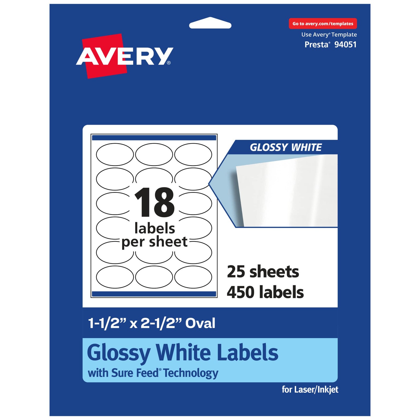 Avery Glossy White Oval Labels Sure Feed Technology 1.5 X 2.5 450 Glossy White