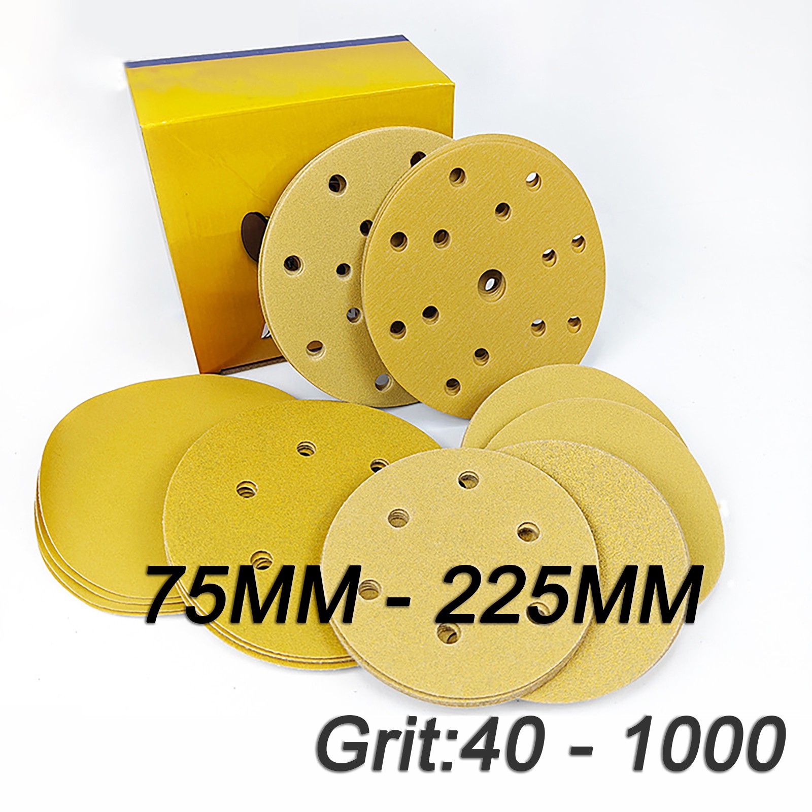 75mm – 225mm Sanding Discs Sandpaper Film Hook and Loop Pads – Yellow