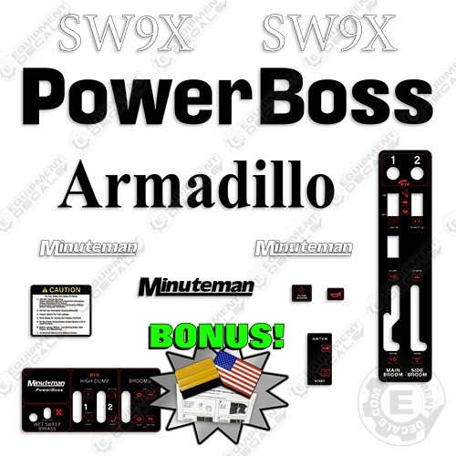 Powerboss SW9X Decal Kit Armadillo Minuteman Sweeper – 7 YEAR 3M VINYL! +BONUS