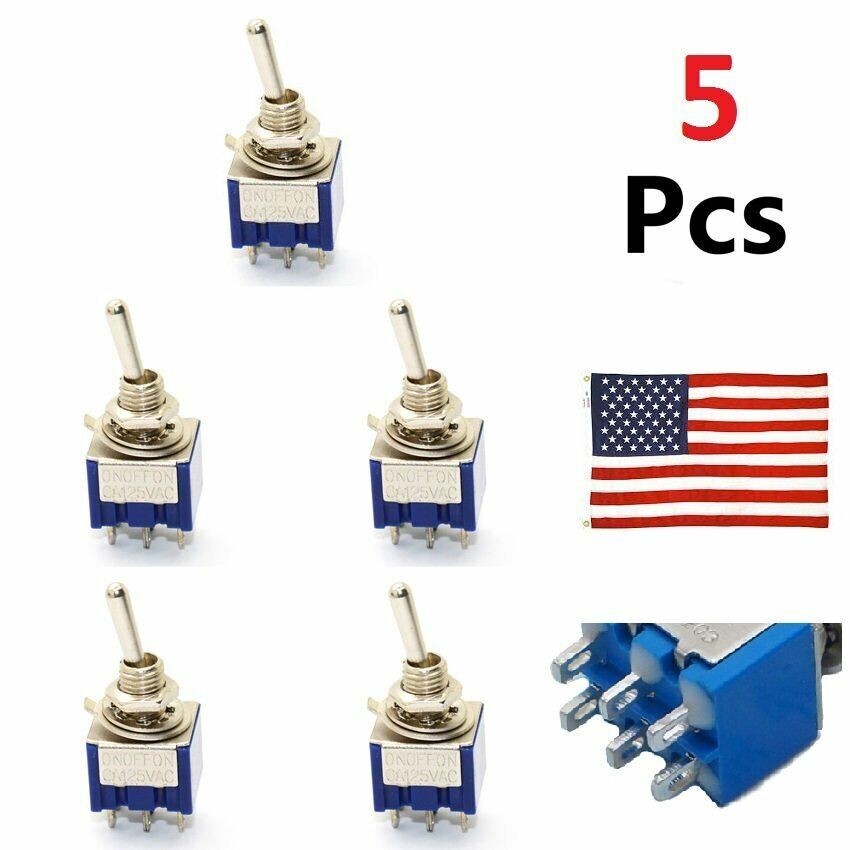 Toggle Switches 5 Pcs 3 Position Mini MTS-203 6-Pin DPDT ON-OFF-ON 6A 125VAC