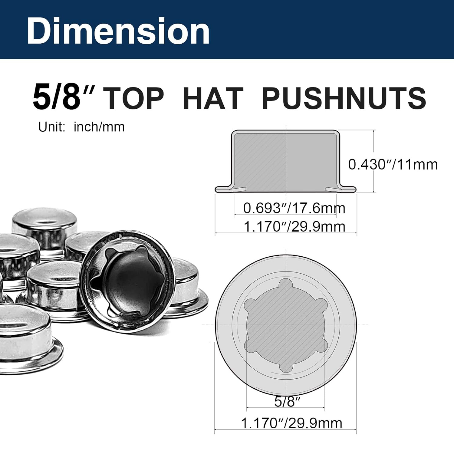 6PCS 5/8″ Pushnuts Axle Caps – Spring Steel Push on Washer Fasteners with Zinc M