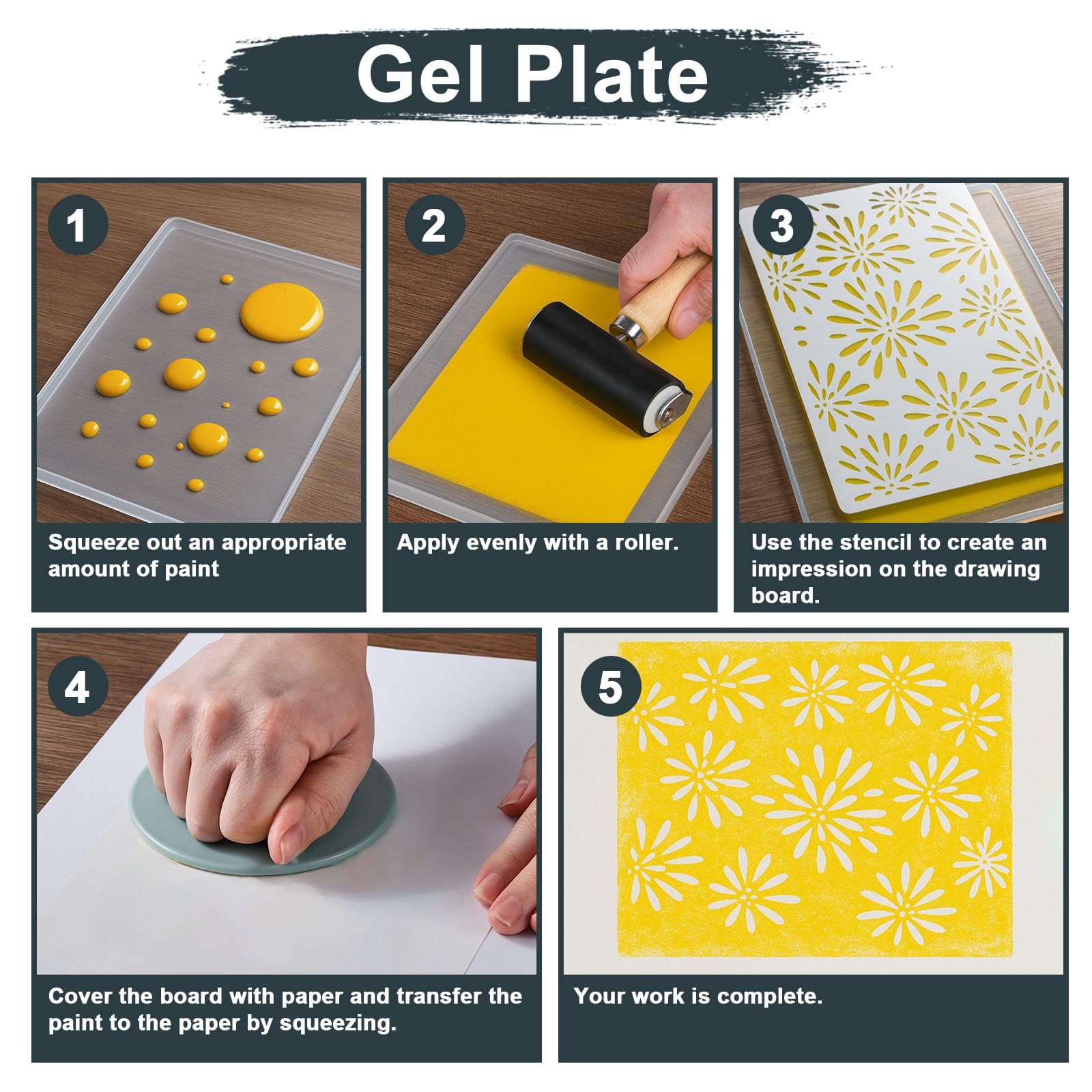5×7 Inch Gel Plate Printing Kit Rubber Roller Watercolor Paints Stencils