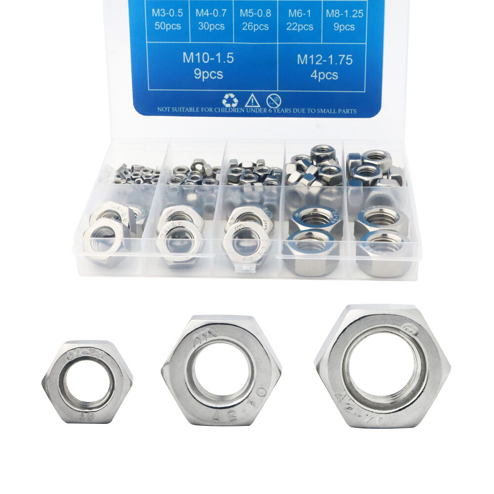 150 PCS Assorted Stainless Steel Hex Nuts Assortment Kit M3 M4 M5 M6 M8 M10 M12