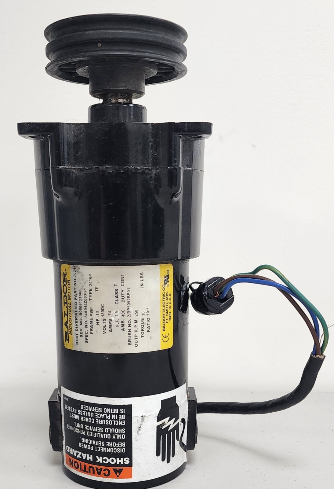 Baldor Industrial Gear Motor (70247) Volts: 180DC, AMPS: .74, Ratio: 10:1 USED