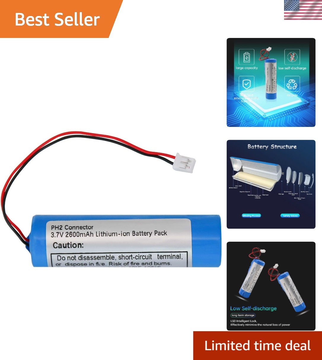 Reliable PH 2mm Rechargeable 2600mAh Lithium-ion Battery for Voice Amplifiers