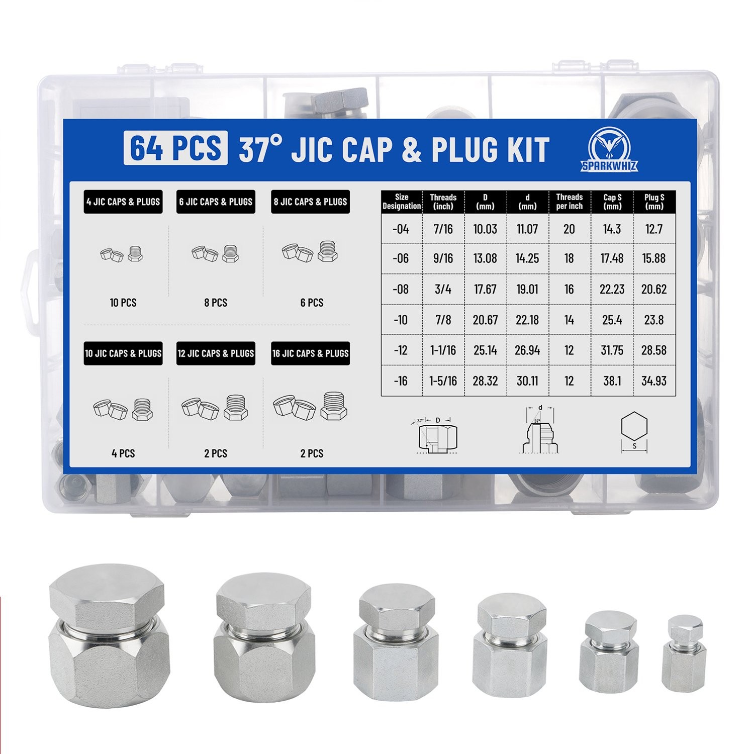 Hydraulic Hose Tube Pipe Fitting Kit 37 Degree JIC Flare Thread Cap and Plug Kit
