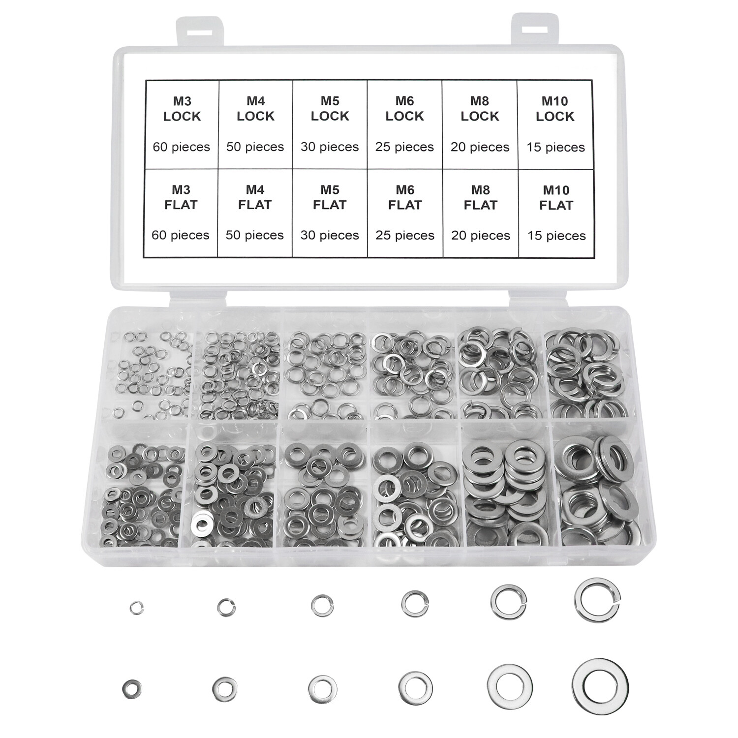 Split Lock and Flat Washer Assortment Set 304 Stainless Steel 400 Piece Silver