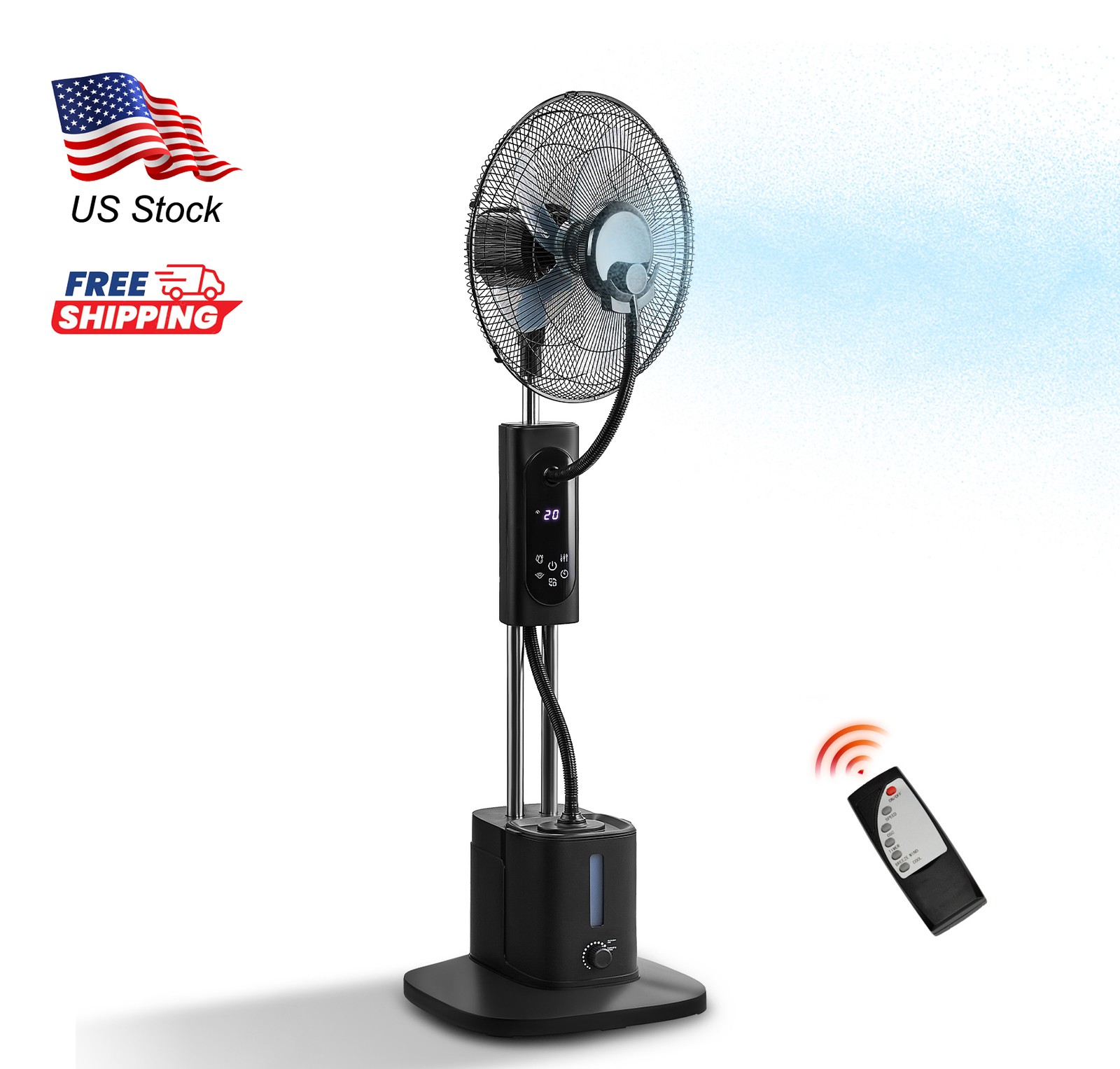 Misting Fan Standing Mist Fan 2.5L Water Tank LED Ventilation Humidifier Remote