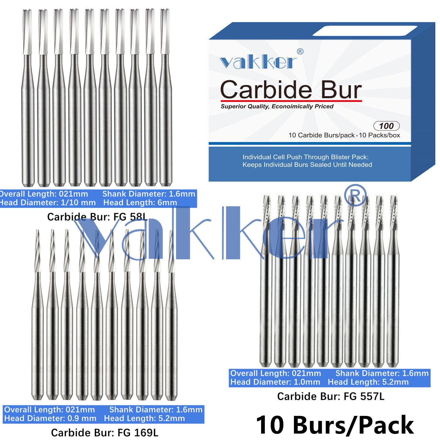 10/Pack Dental Tungsten Carbide Friction Grip Long Carbide Burs 21mm High Speed