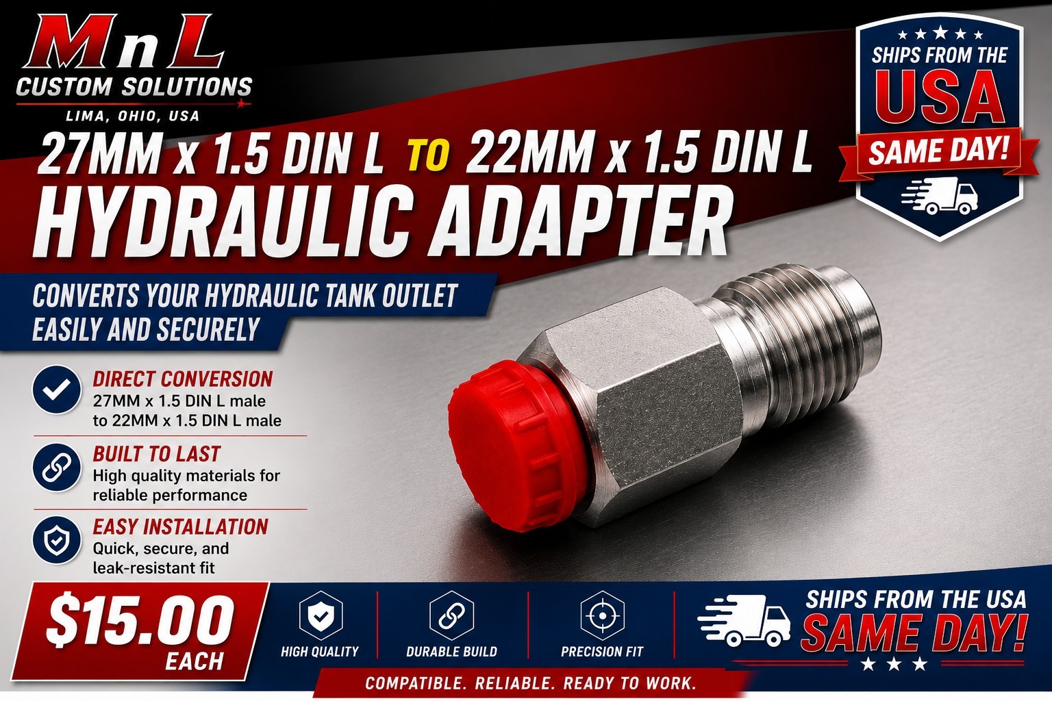 Chinese Excavator or Mini Skid M27 x 1.5 DIN L to M22 x 1.5 Din L adapter