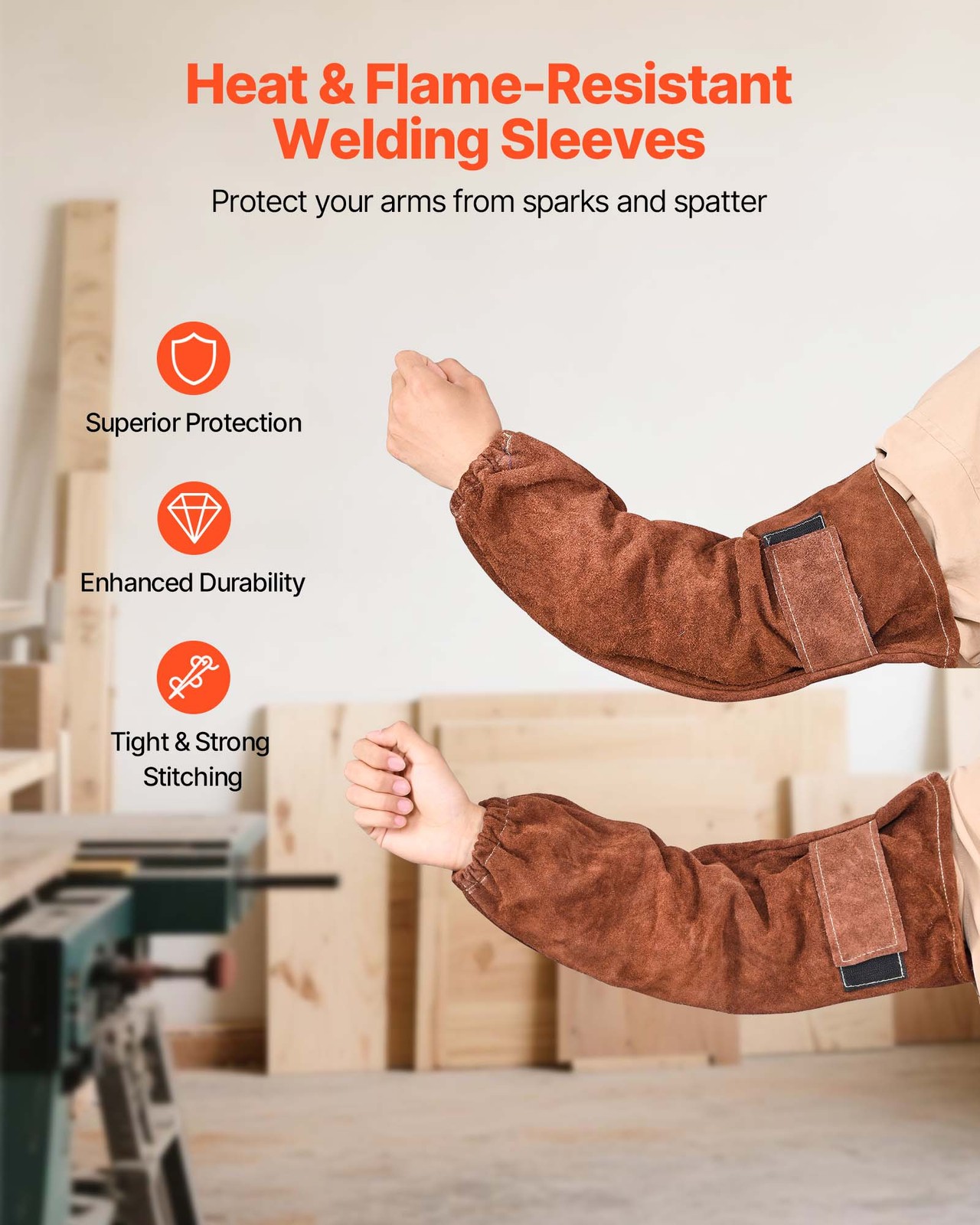 VEVOR Leather Welding Sleeves Heavy Duty Cowhide Flame Resistant Work Sleeves