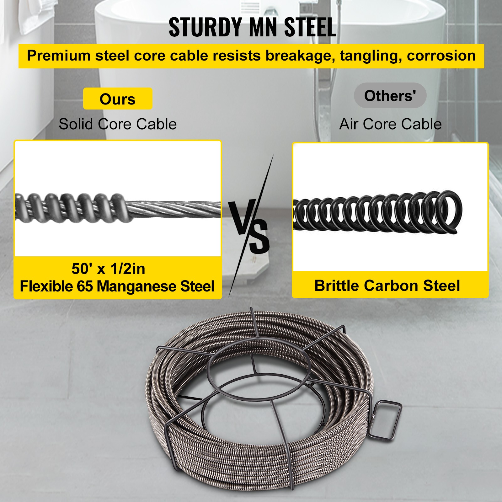 VEVOR Drain Cable Sewer Cable 50Ft 1/2In Drain Cleaning Cable Auger Snake Pipe