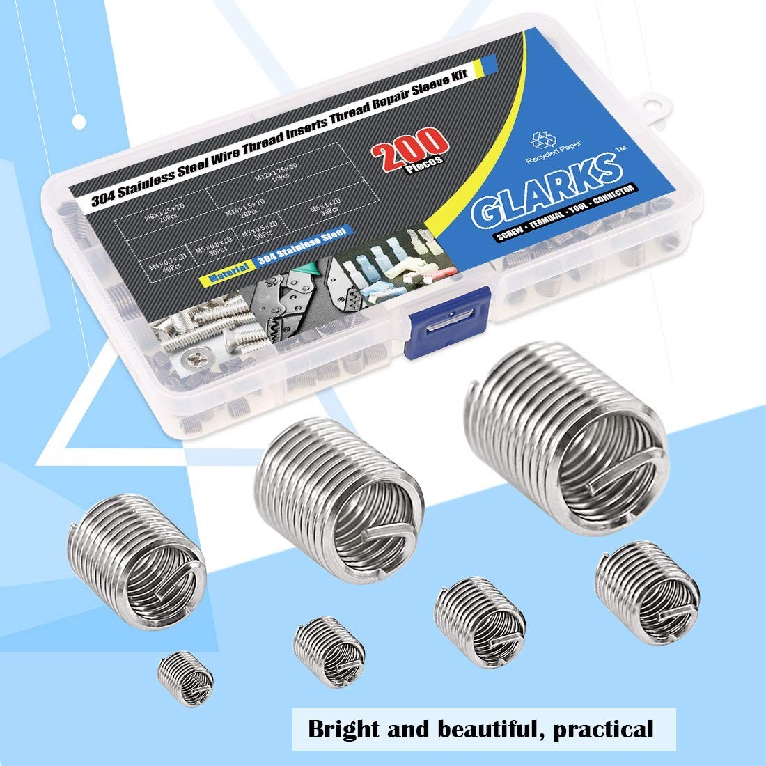 200PCS Insertos De Rosca De Alambre Vaina De Acero Tipo Helicoil Kit Surtido