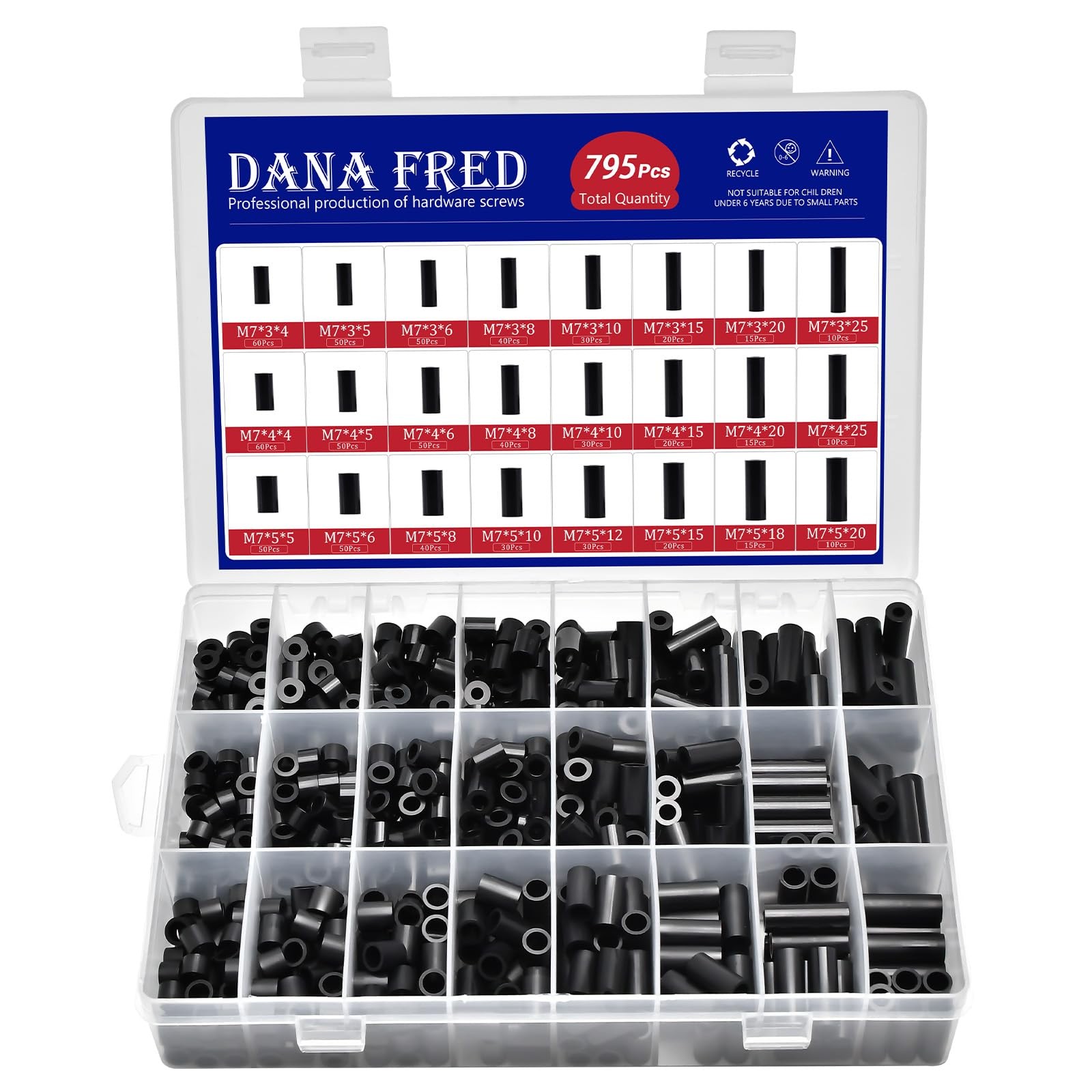 795Pcs Nylon Round Spacer Non-Thread Plastic Standoff Assortment Kit Black Ny…