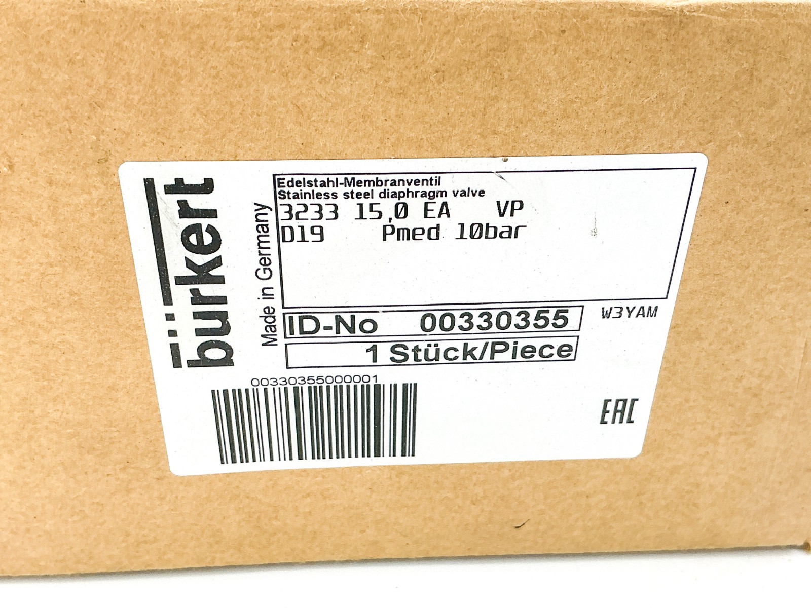 New Burkert 00330355 Manual Diaphragm Valve 10Bar 3233 15.0 EA VP D19 Pmed 10bar