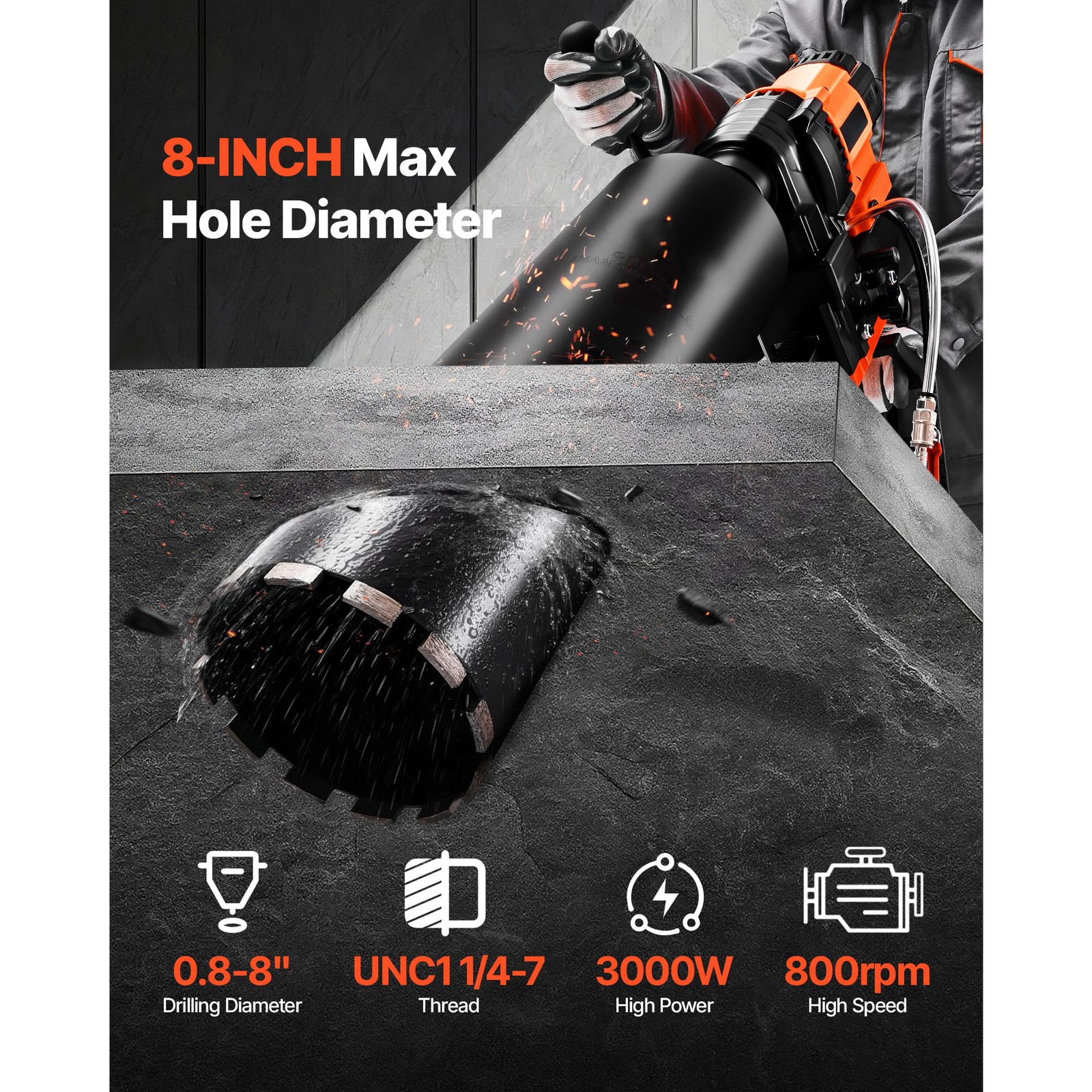 Diamond Core Drill Machine Concrete Core Drill Rig with Stand 8 in 3000W
