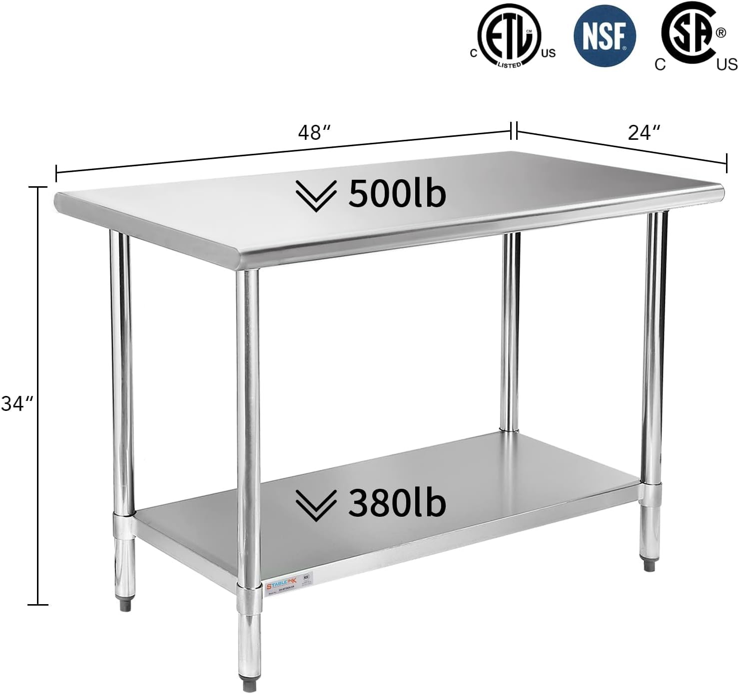 STABLEINK NSF Stainless Steel Prep Table 48 x 24 Inches Metal Work Table with Ad