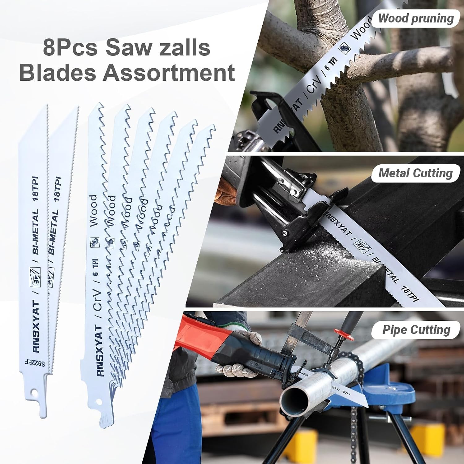 8PCS Reciprocating Saw Blades for Wood Pruning, Including Premium 6Pcs White