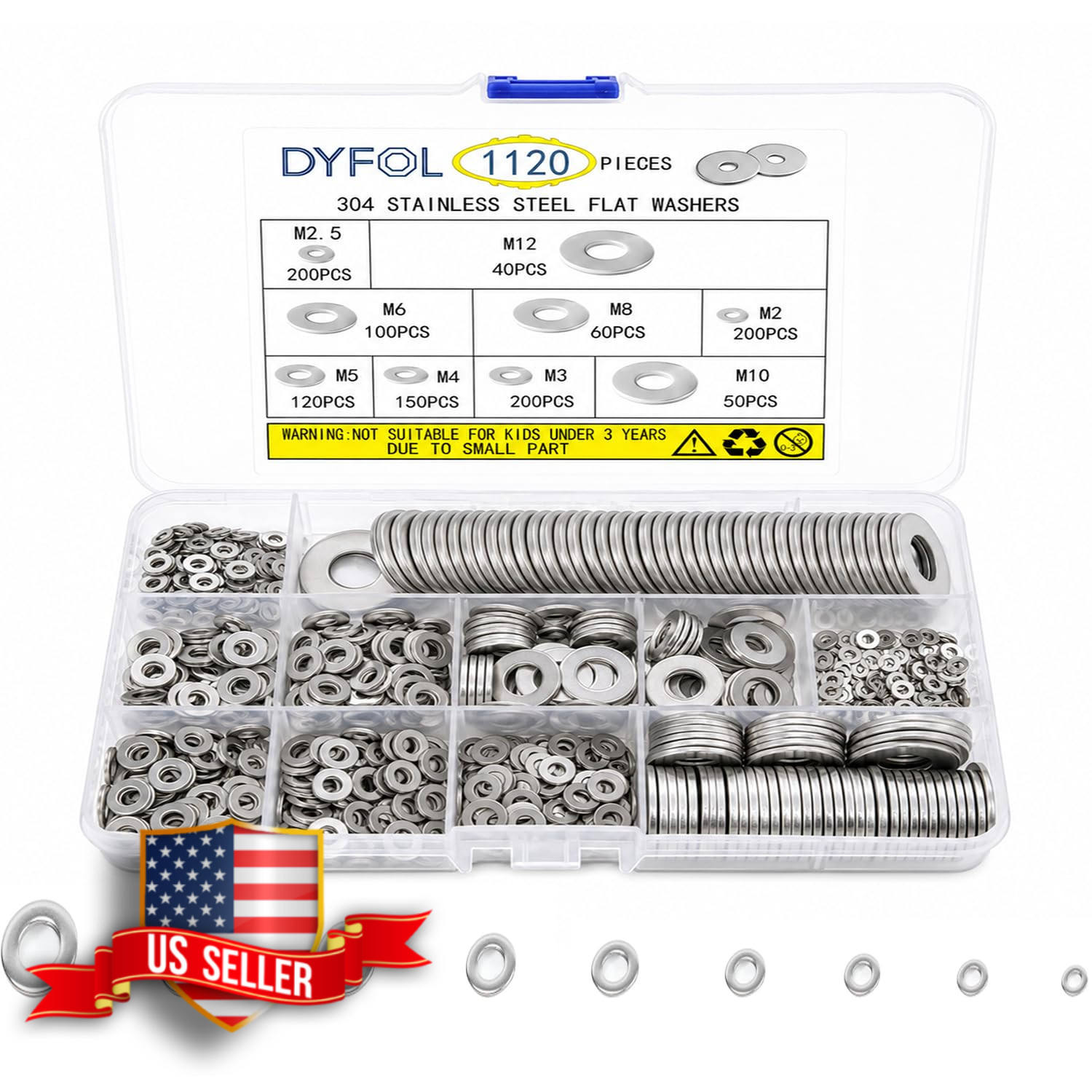 Stainless Steel Flat Washers Assorted Sizes M2-M12 1120 Pcs