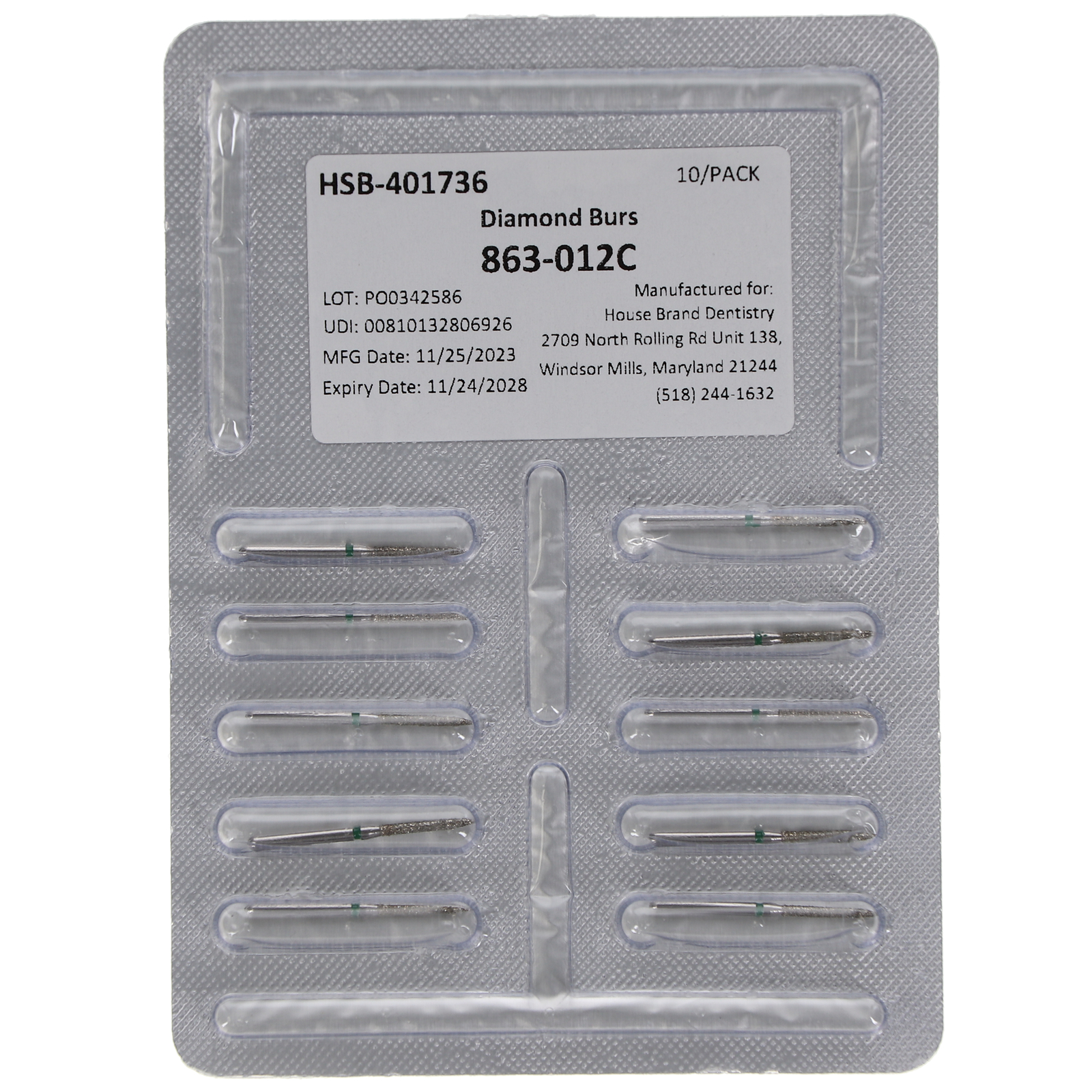 House Brand Dentistry 401736 HSB FG 863-012C Flame Coarse Grit Diamond Burs 10Pk