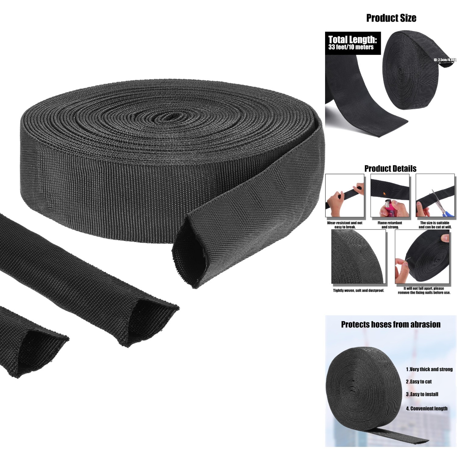 33ft Nylon Hydraulic Hose Protector Sleeve Black Protective Sheath Cable Wrap