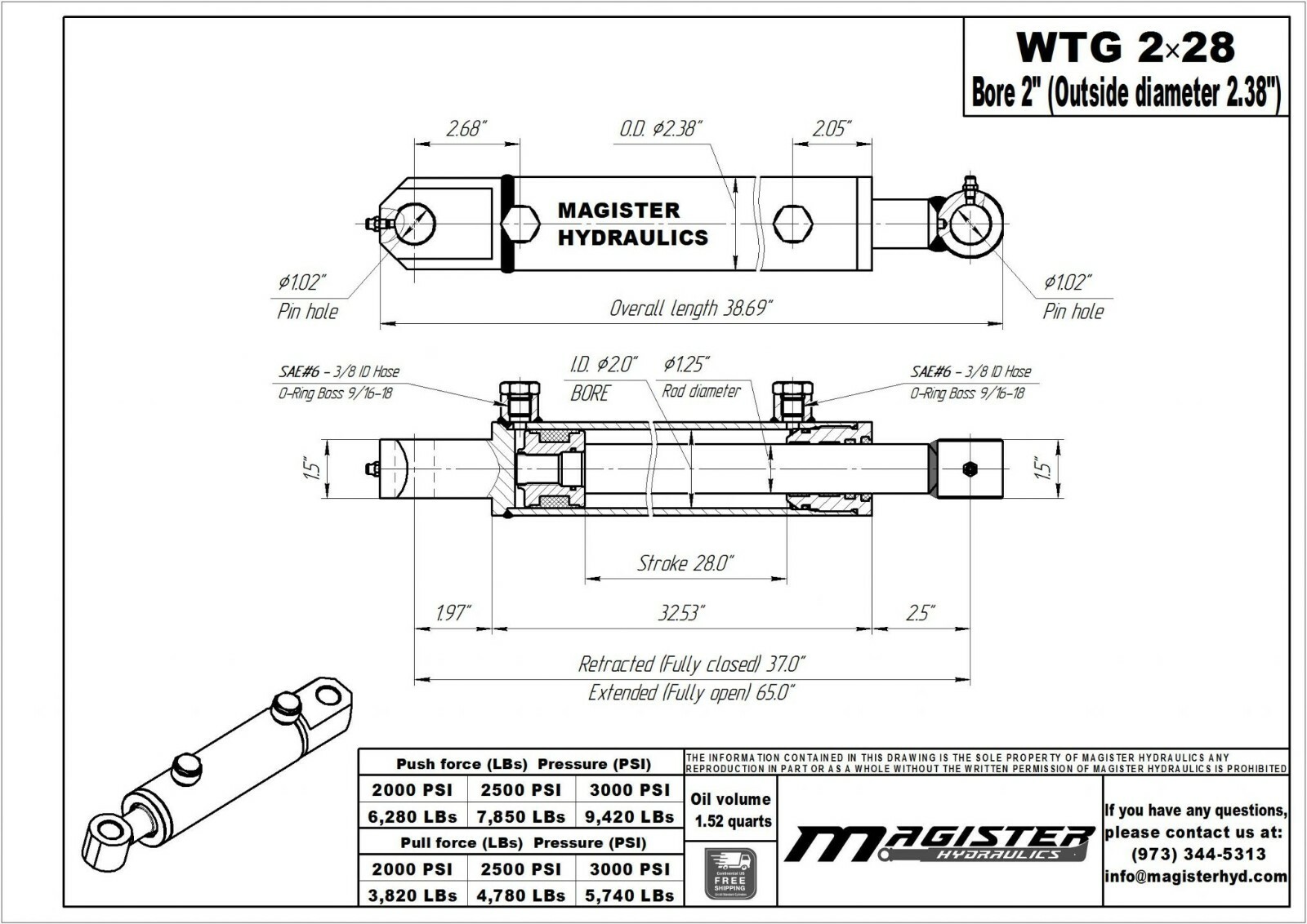 Hydraulic Cylinder Welded Double Acting 2″ Bore 28″ Stroke Tang 2×28 WTG NEW