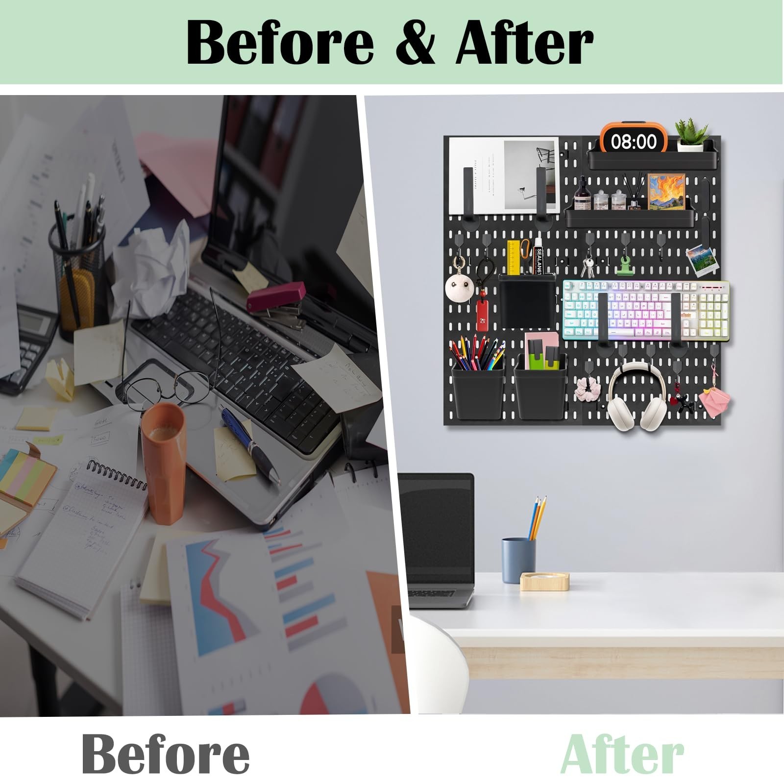 Pegboard Wall Organizer Kit, 4 Pcs Black Pegboards with 21 Accessories, Modul…