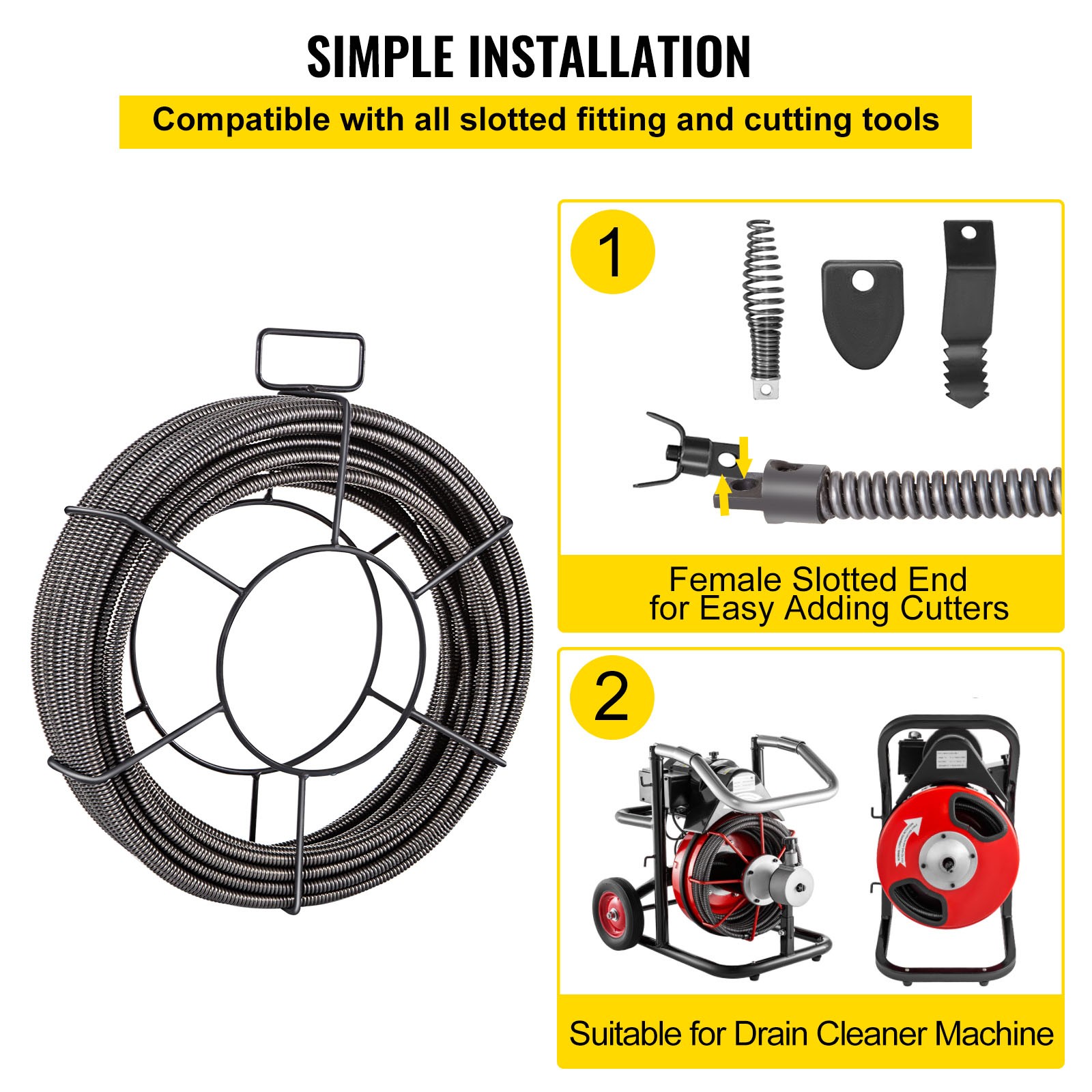 VEVOR Drain Cable Sewer Cable 50Ft 1/2In Drain Cleaning Cable Auger Snake Pipe