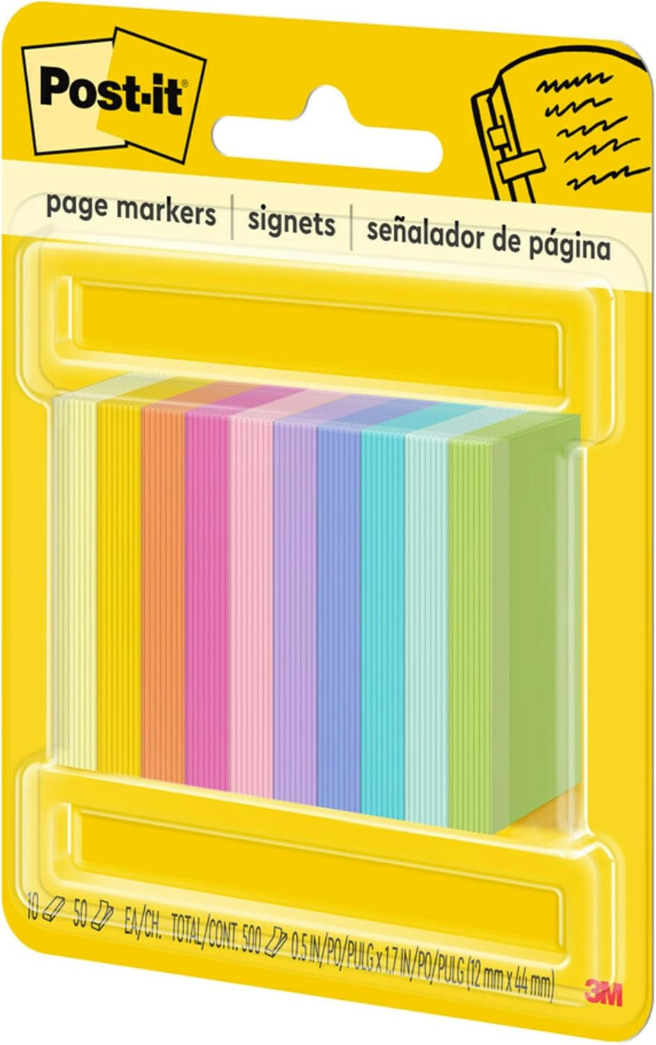 Post-It Page Markers, Assorted Bright Colors, 1/2 in X 2 In, 50 Markers/Pad, 10