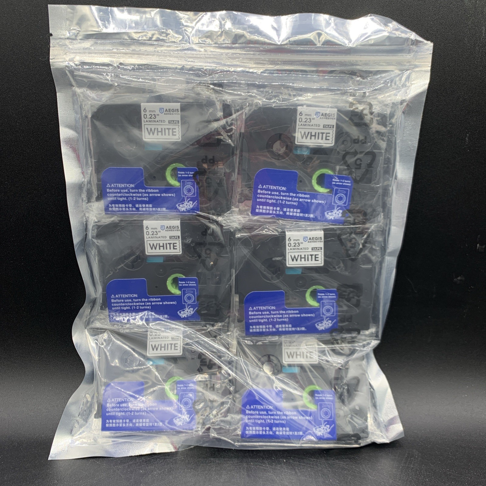 6 Pack Aegis White Laminated Label Tape 12mm x .47″