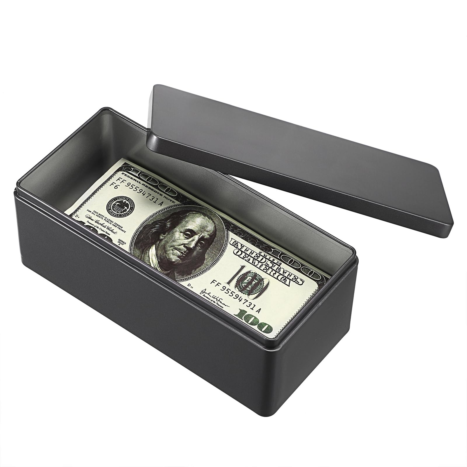 Metal Cash Box Black Money Holder Rectangular Storage Tin 7.3in Organizer