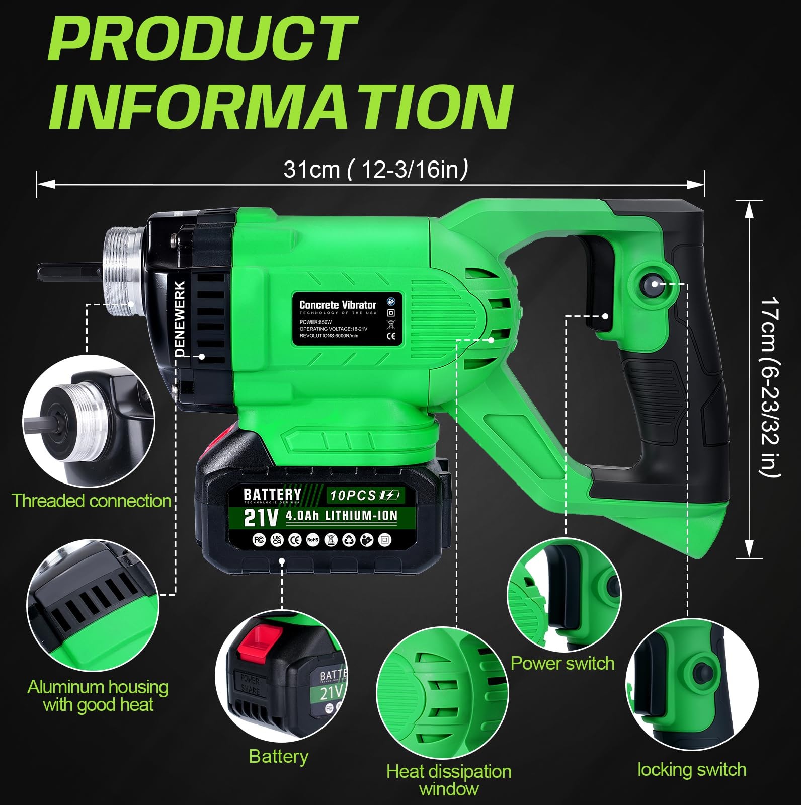 850W Cordless Electric Concrete Vibrator Compatible with Makita 18V Battery