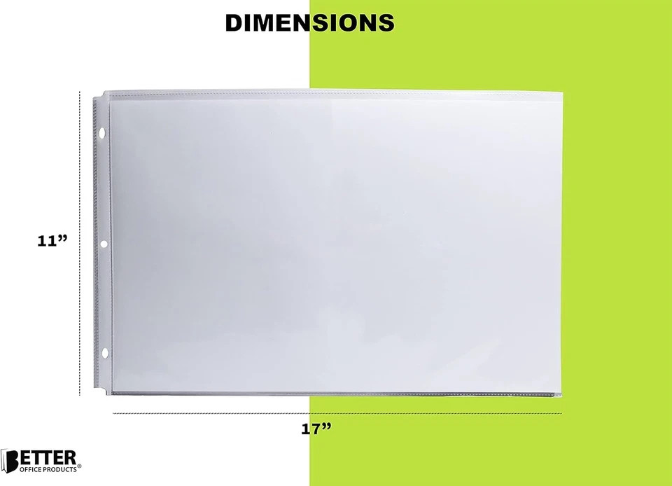 50 Pack 11X17 Inch Heavyweight Clear Sheet Protectors, Side Loading, 3-Hole Punc