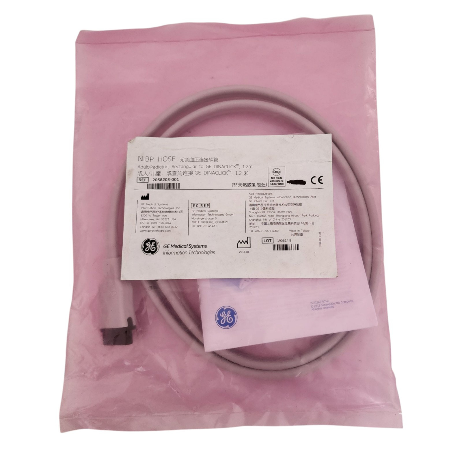 NIBP Hose Adult Pediatric Rectangular to GE Dinaclick 1.2M Ref 2058203-001