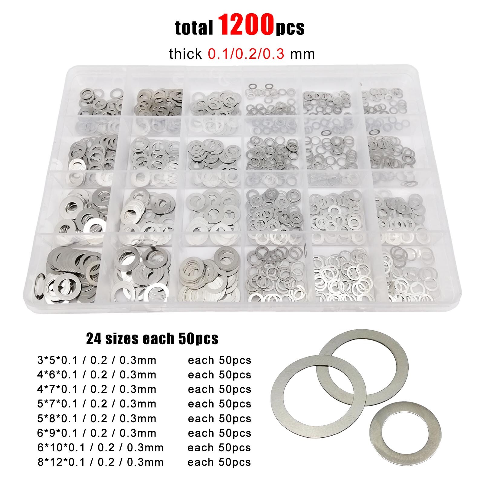 500/1200pcs M3-M8 304 A2 Stainless Steel Ultra Thin Flat Washer Shim Set Kit Box