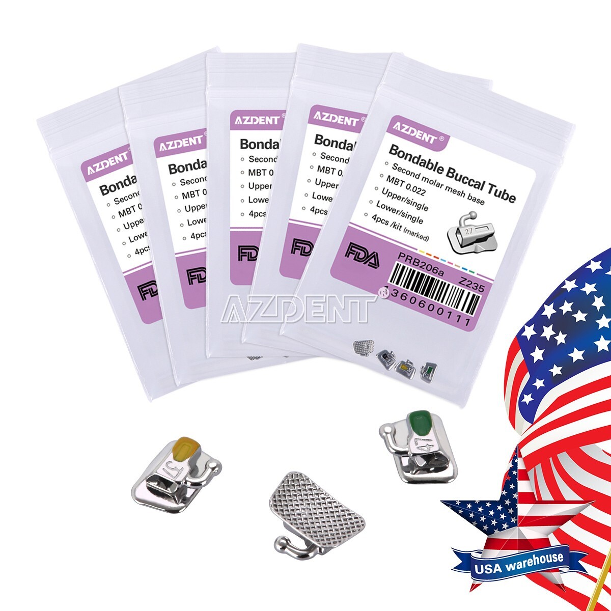 200X AZDENT Dental Orthodontic Buccal Tubes 2nd Molar Non-Conv Bondable MBT.022