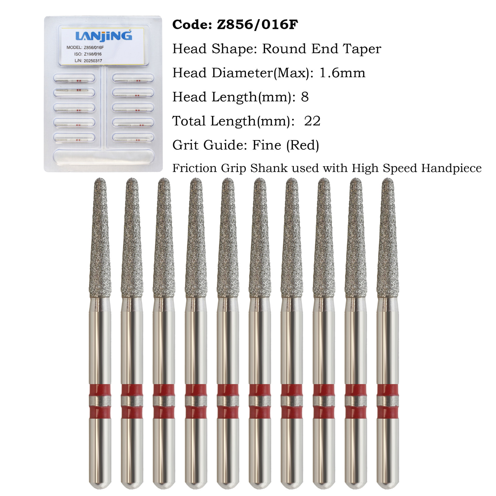 Zirconia Adjustment FG Diamond Burs Z856/016F Round End Taper Fine Grit 10pc/pk
