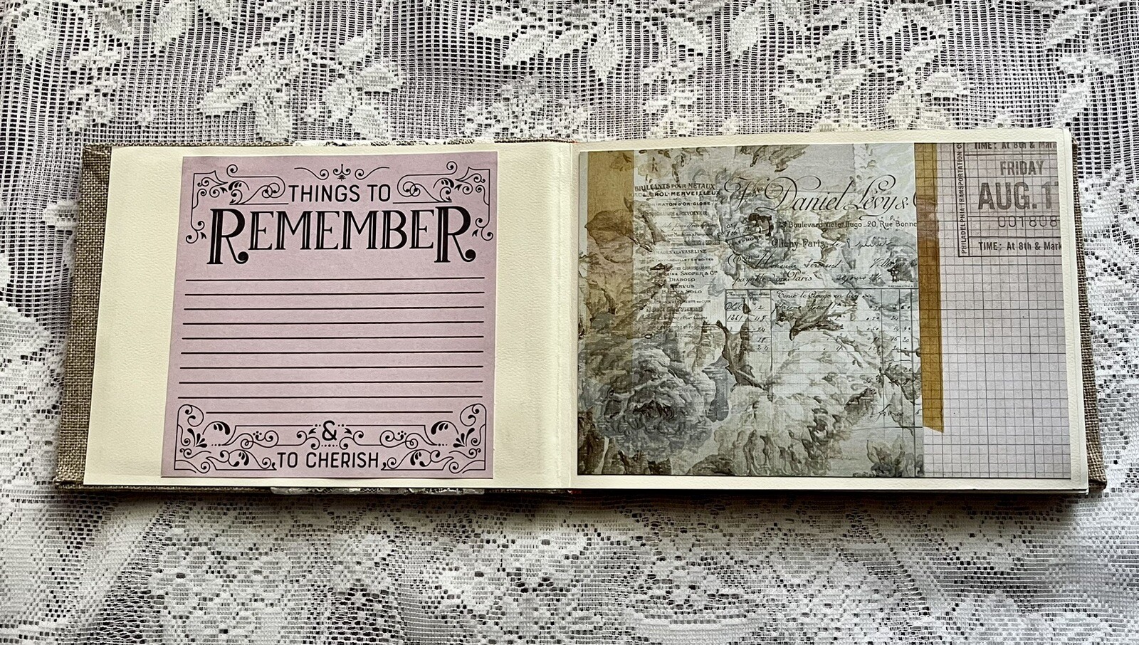 junk journal hand made canvas lace raffia bow 6 1/2 x 9 1/4 in. approx 80 pgs.