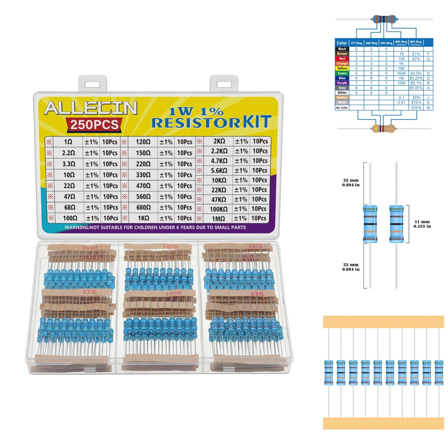 25 Values 1W Metal Film Resistor Kit 1 Ohm to 1M Ohm 1 Watt 1% Assortment 125pc