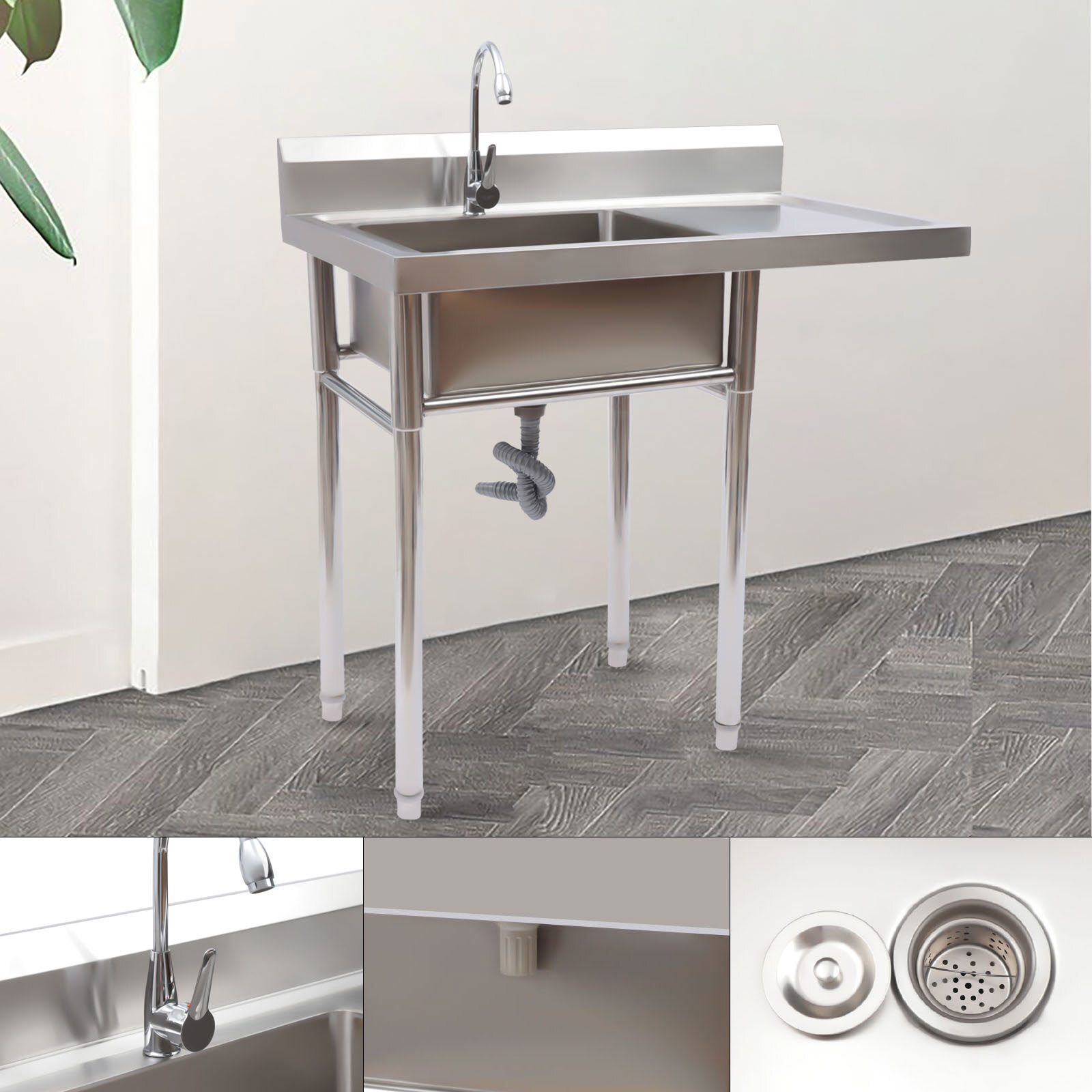 2 Compartment Commercial Sink w/ Double Faucet Restaurant Sink,Free Standing