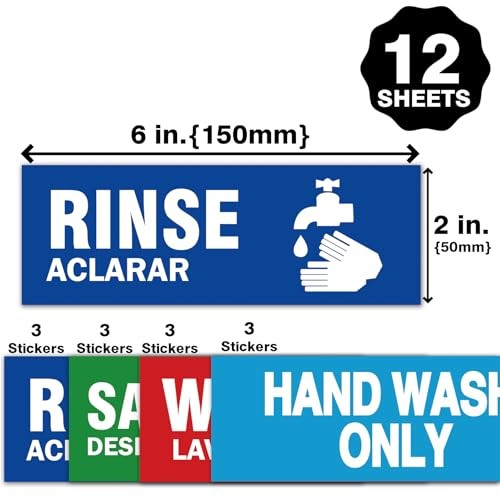 12 Pack Wash Rinse Sanitize Sink Labels, Hand Wash Only Sign, 3 Compartment Sink