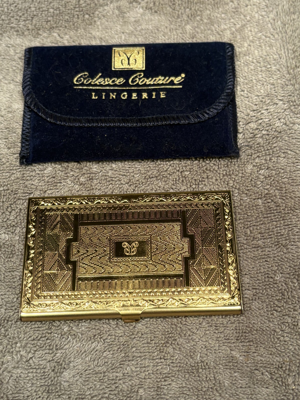Colesce Couture Gold Tone Metal Business Card Holder Case Etched w/Pouch