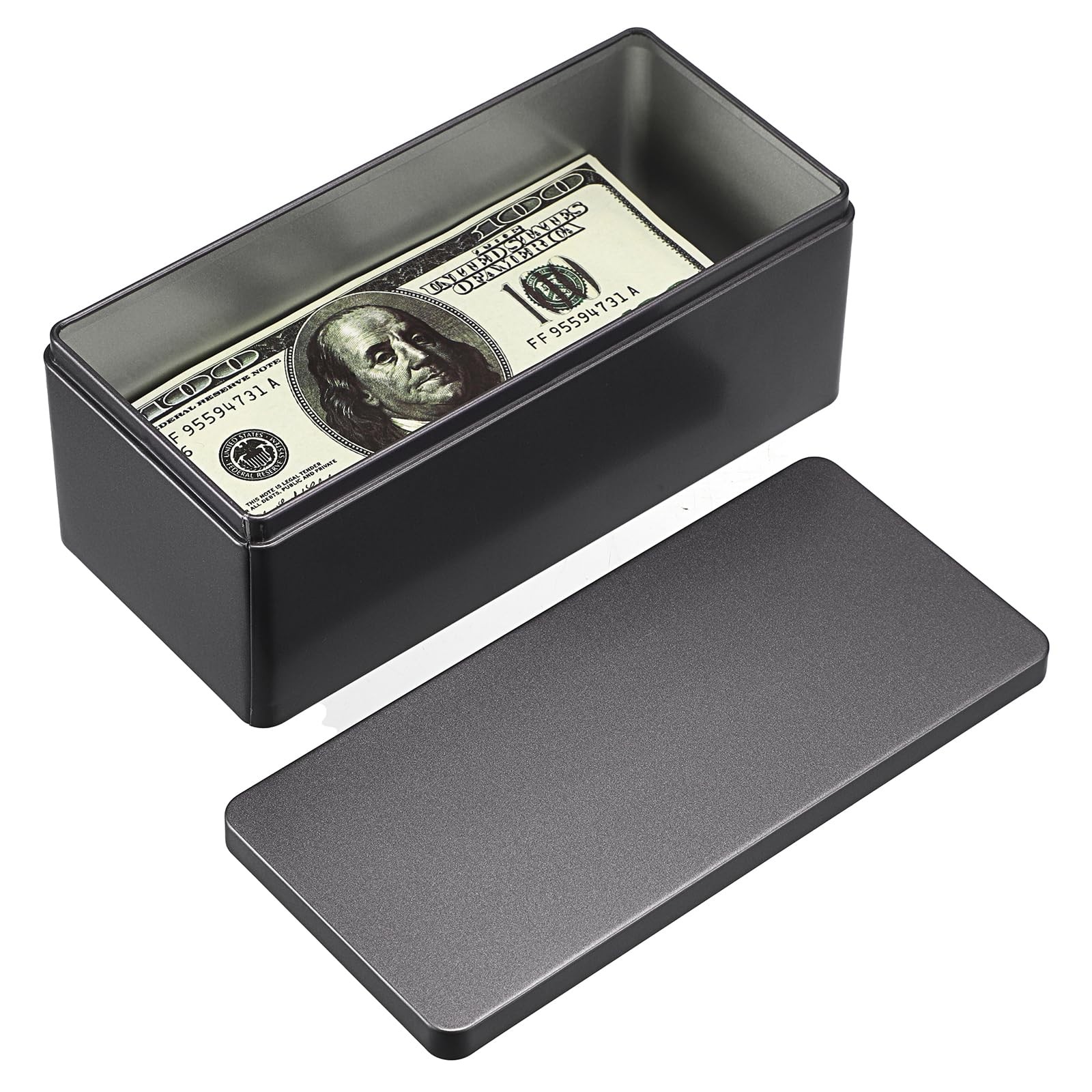 Metal Cash Box Black Money Holder Rectangular Storage Tin 7.3in Organizer