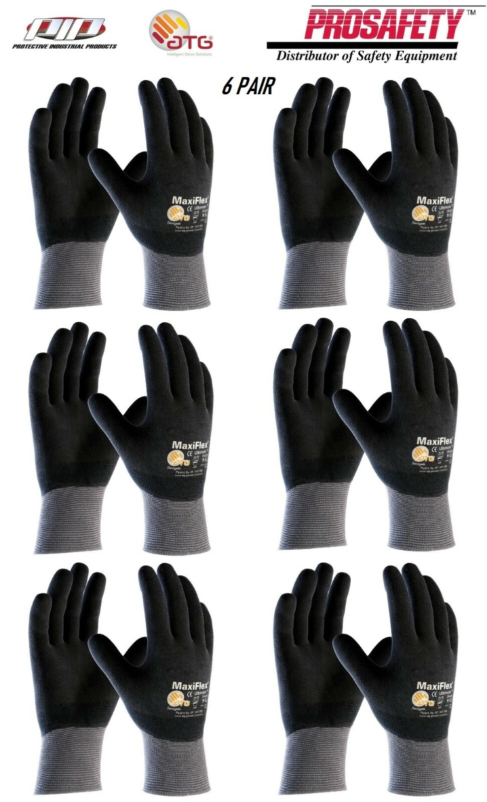 6 PR. 34-876 MaxiFlex Foam Full Palm Coated Nitrile Grip PROTECTIVE WORK GLOVES