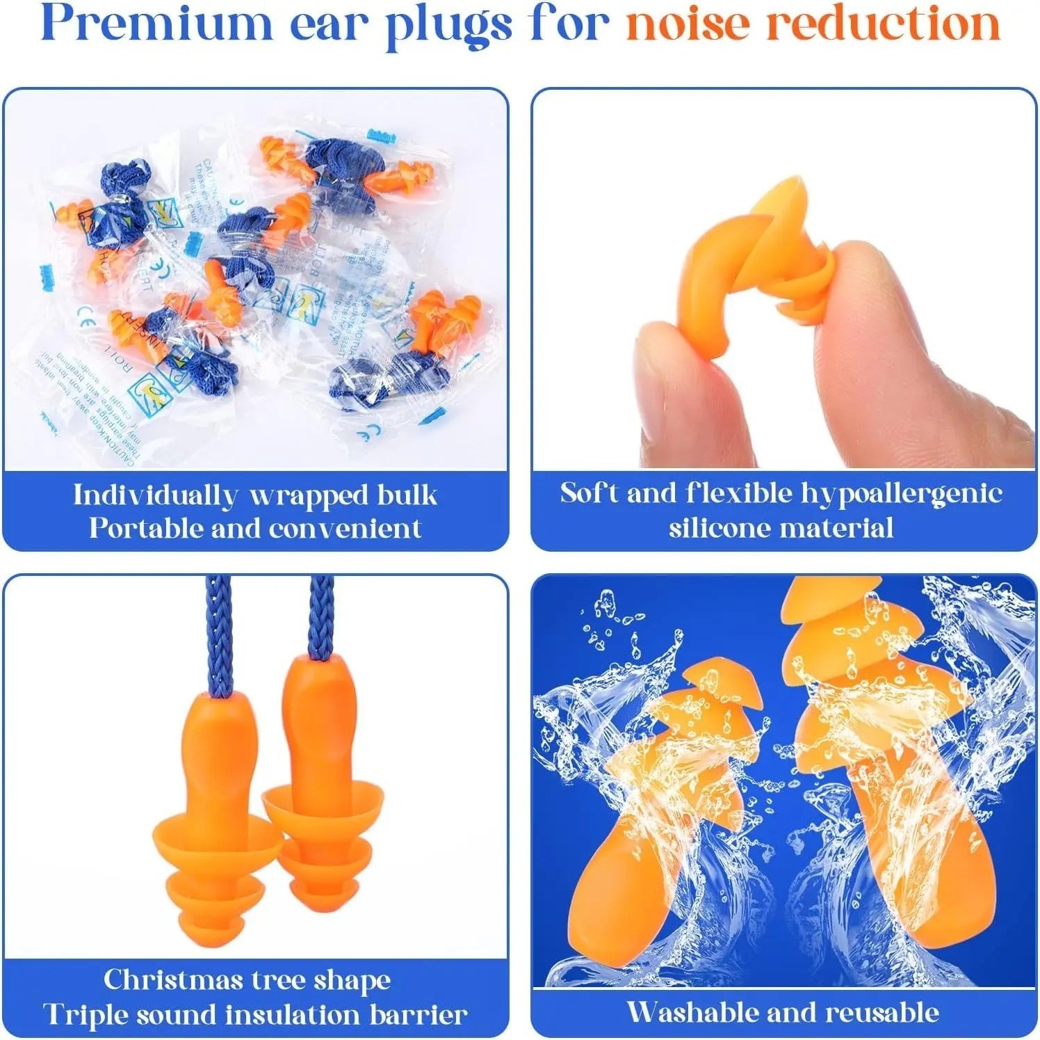 50 Pair Silicone Corded Ear Plugs Reusable Hearing Protection Noise Reductions