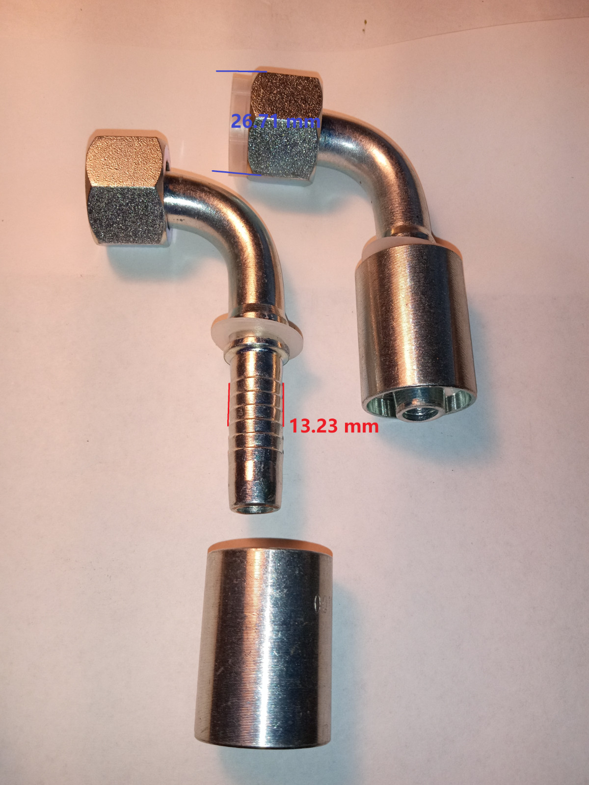 M22 x 1.5 Metric hydraulic fitting 90° Crimp On Ferrule, 20491-22-08 & 00110-08