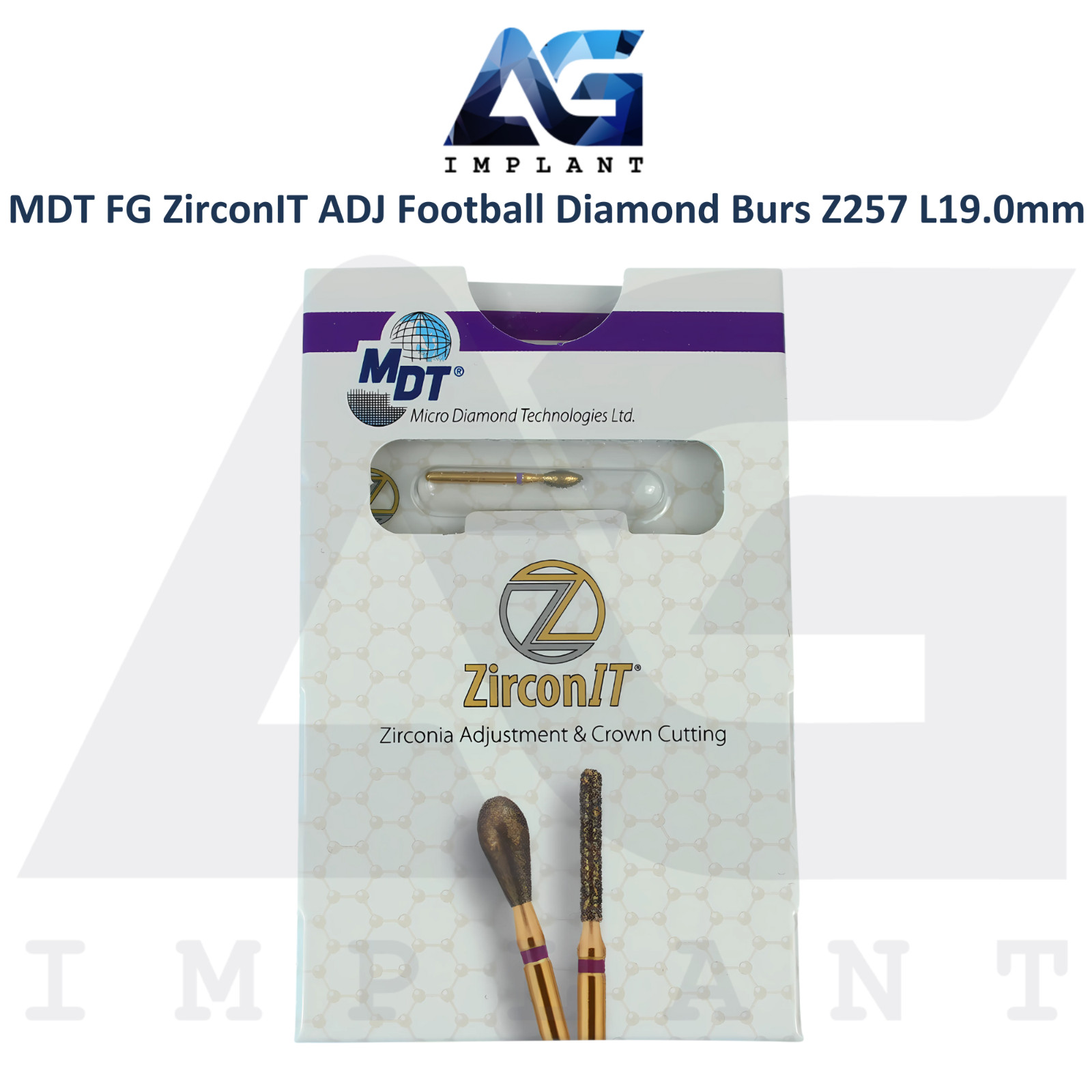 MDT Dental FG ZirconIT ADJ Football Diamond Coated Bur Z257 L19.0mm Ø2.3mmX5.0mm