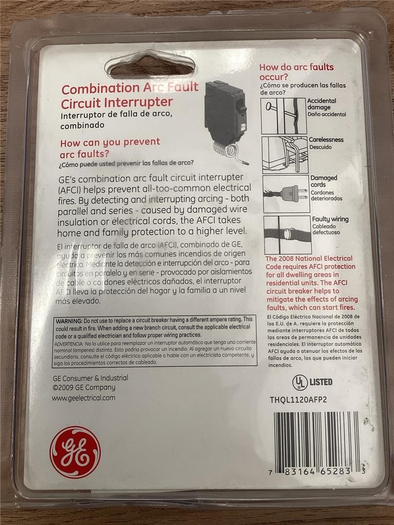 + GE 20 AMP Combination Arc Fault Circuit Interrupter 120VAC THQL1120AFP2