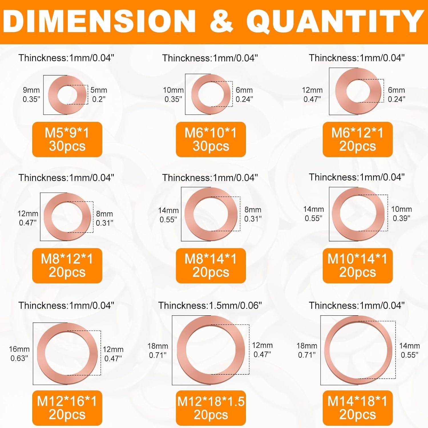200pcs 9 Sizes Copper Metric Sealing Crush Washers Assortment Kit,Flat Seali…